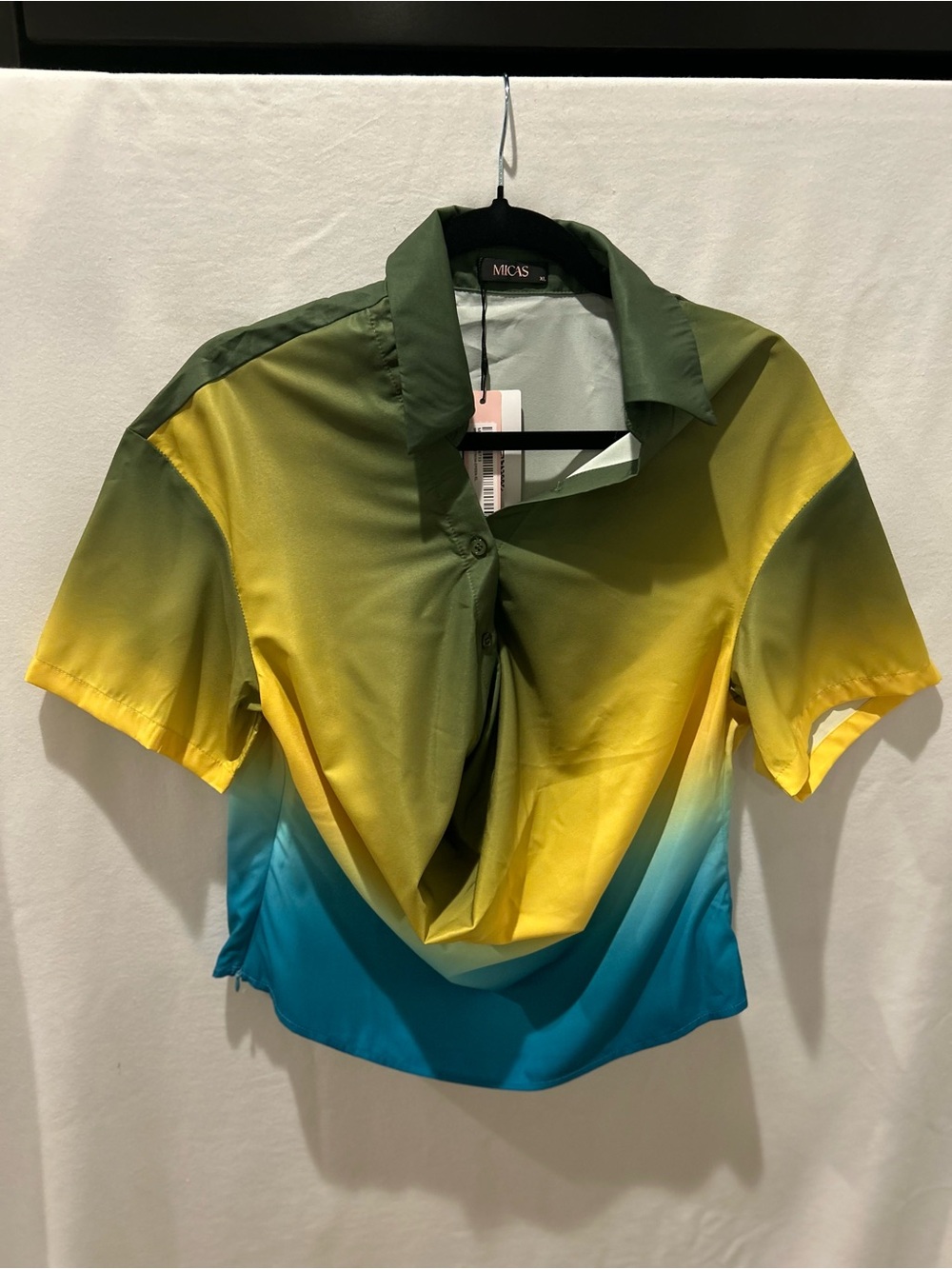 Ombre Short Sleeve Draped Blouse - Green/Yellow/Blue